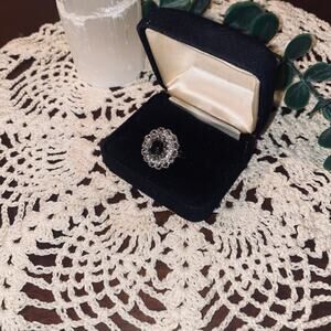 Vintage Lind Gray Glass and Rhinestone Flower Silver Plated Ring